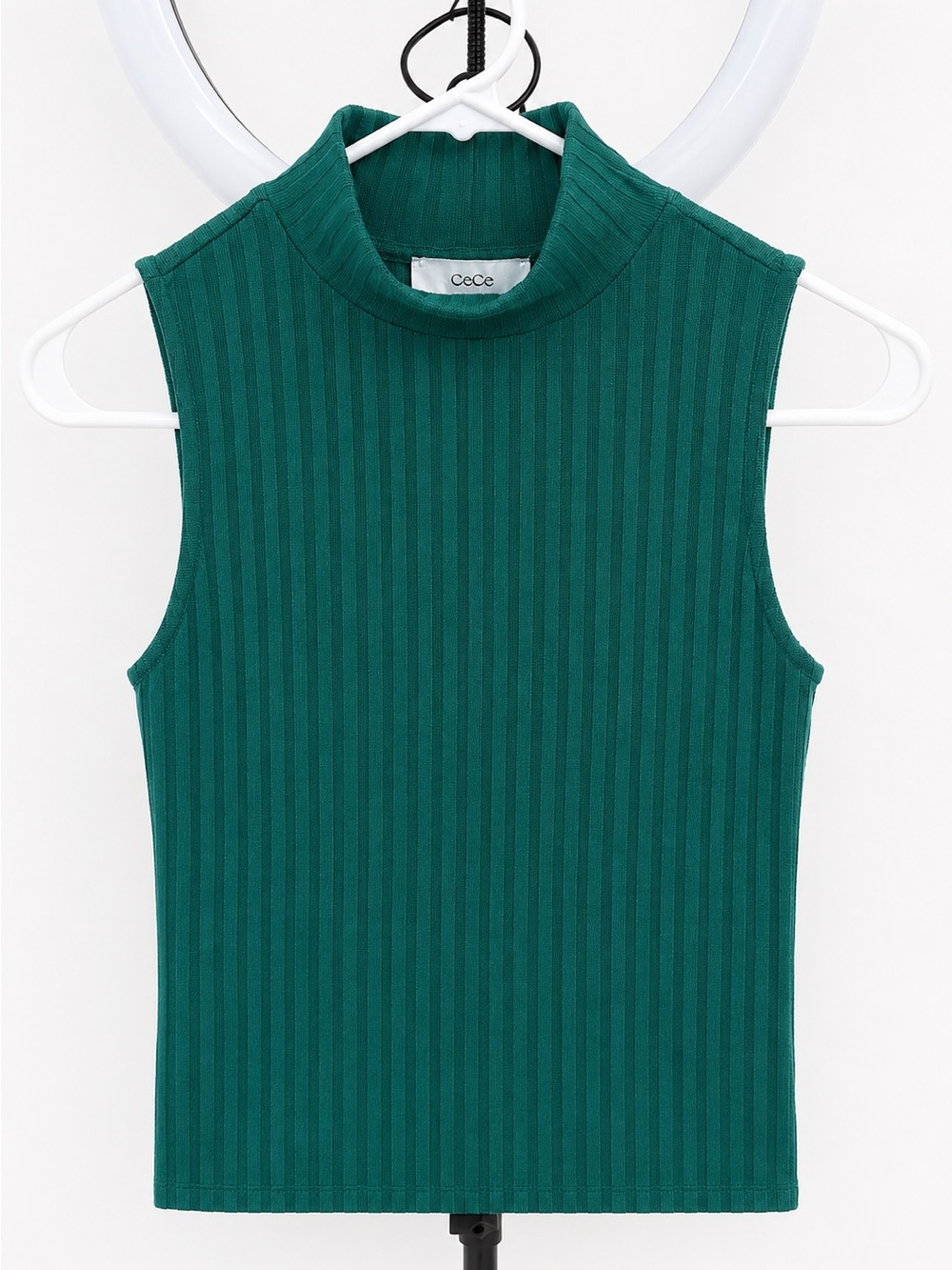 CeCe Ribbed Mock Neck Sleeveless Top in Teal Green
